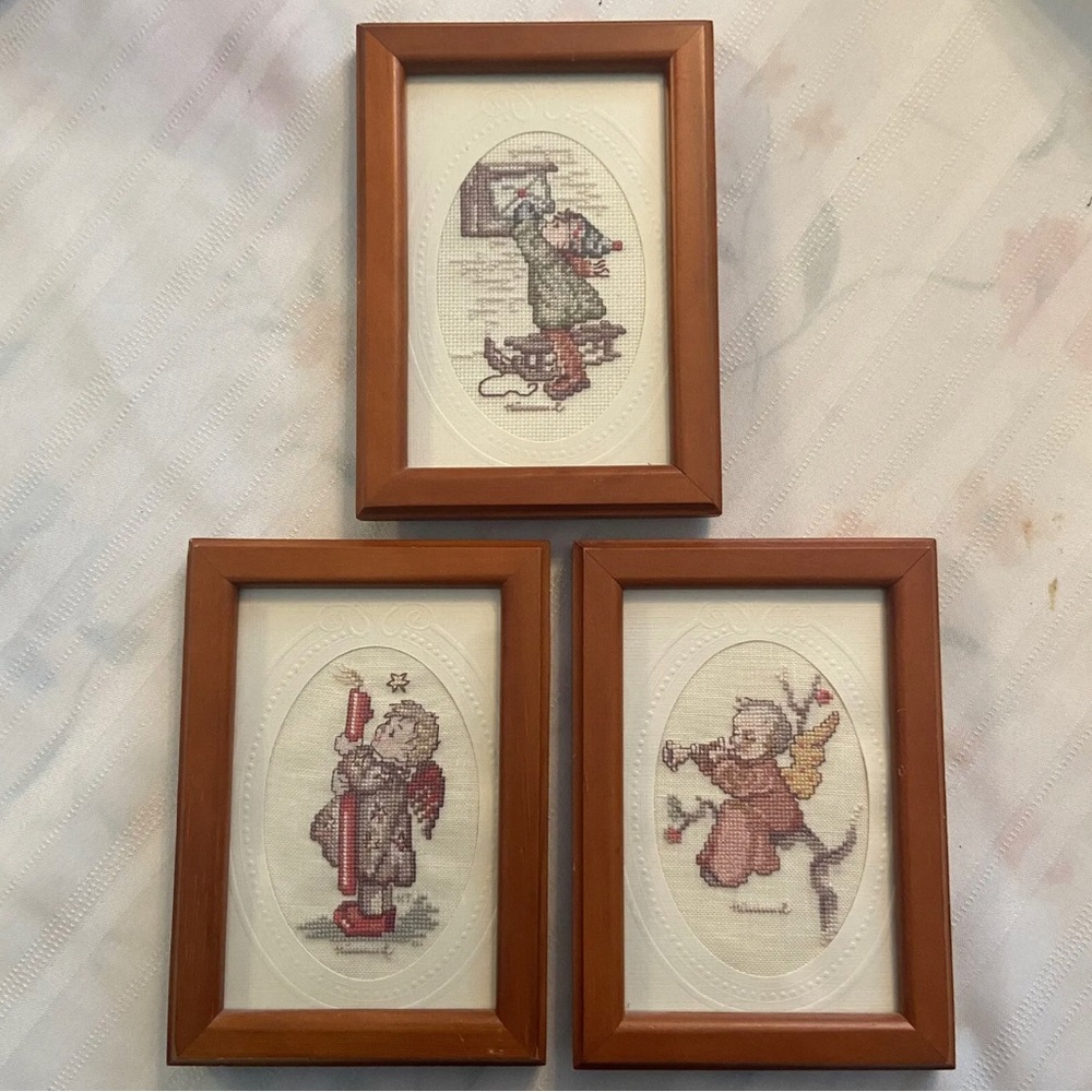 Set‎ of 3 Hummel Counted Cross Stitch Wall Art – Finished & Framed Glass 3”x7”